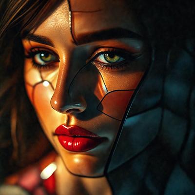 The primary subject of the image is a woman with a unique and artistic appearance. She has a red lipstick on her lips and is wearing a mask that resembles a broken heart. The setting is a dark room, which adds to the dramatic and mysterious atmosphere of the scene. The visual style of the image is a combination of digital art and illustration, creating a striking and eye-catching portrait. The colors and mood of the image are predominantly dark and moody, with the red lipst
